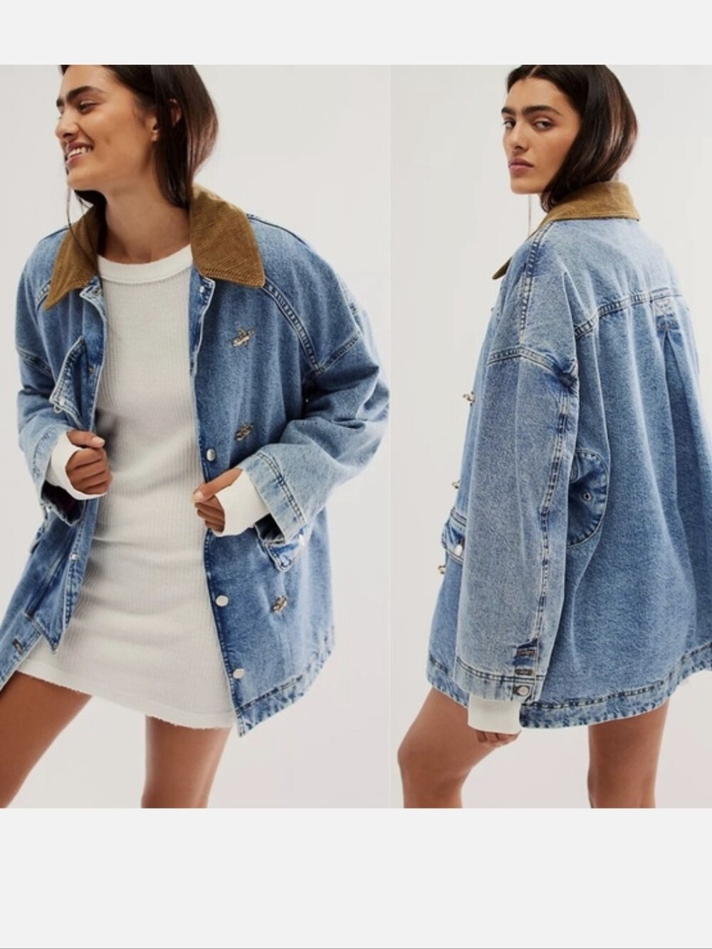 [Free People] We The Free Barn Jacket In Blue, Brown Corduroy Collar, Size S